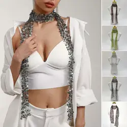 Women Scarf Shiny Sequin Scarf Flower Shape Hollow Design Neck Wrap Glitter Embellished Thin Scarf Fashion Accessory