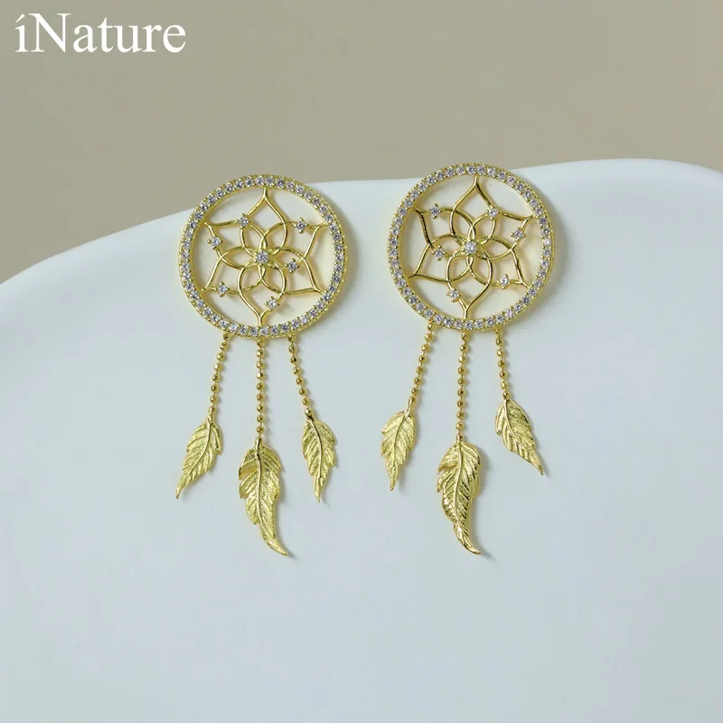 INATURE 925 Sterling Silver Handmade Bohemian Feather Dream Catcher Tassel Long Drop Earrings For Women Girls