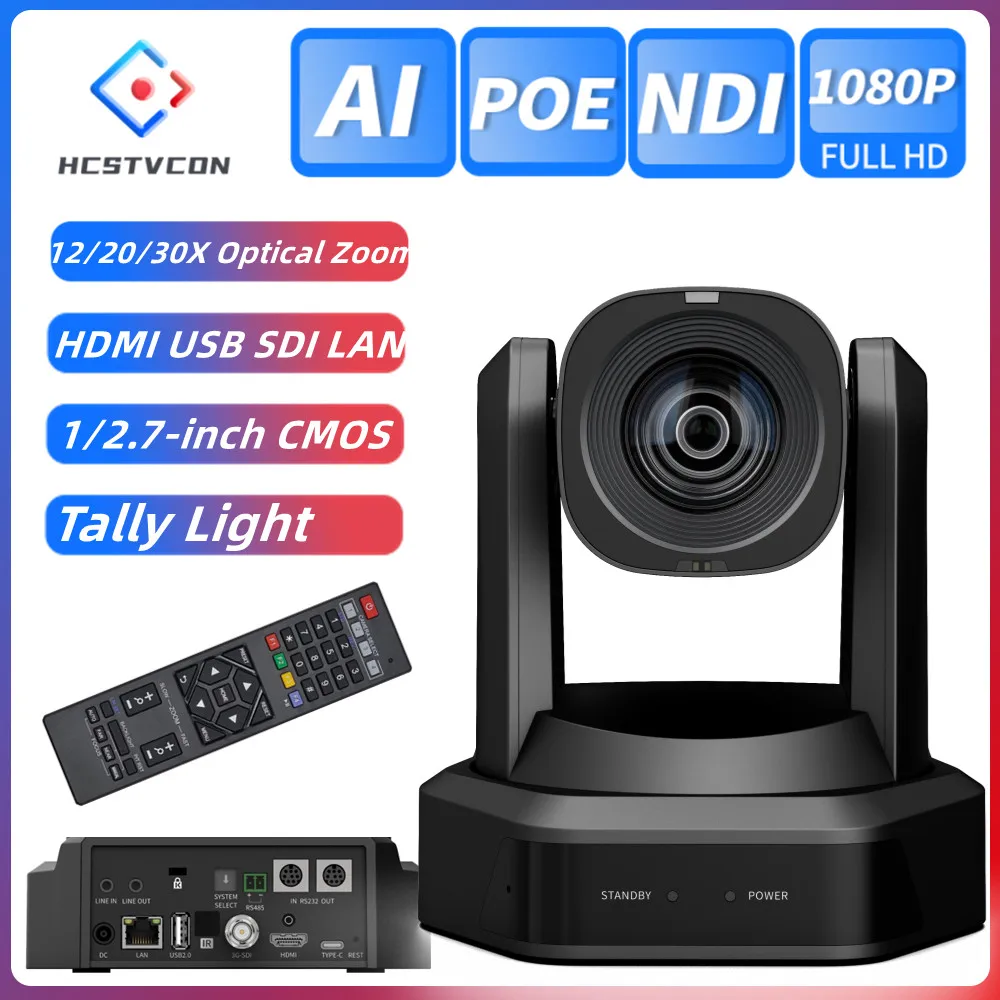 Video PTZ Camera NDI HX2 AI tracking 12/20/30X Optical Zoom 60fps with Mic Tally Light HDMI USB SDI LAN POE TOF Laser Ranging