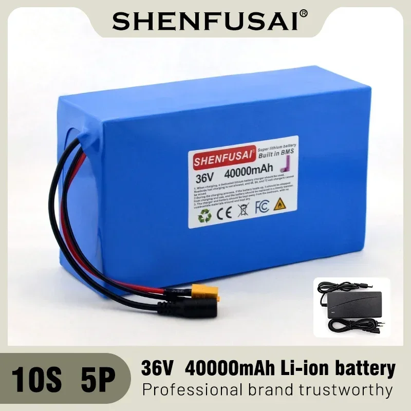 100%High power 36V 10S5P 18650 lithium-ion battery pack, suitable for bicycles, scooters, BMS+3A chargers