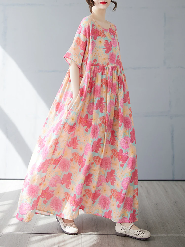 Oversized Cotton Short Sleeve Vintage Floral Print Dresses For Women Summer New In Loose Casual Long Dress Elegant Clothing 2025