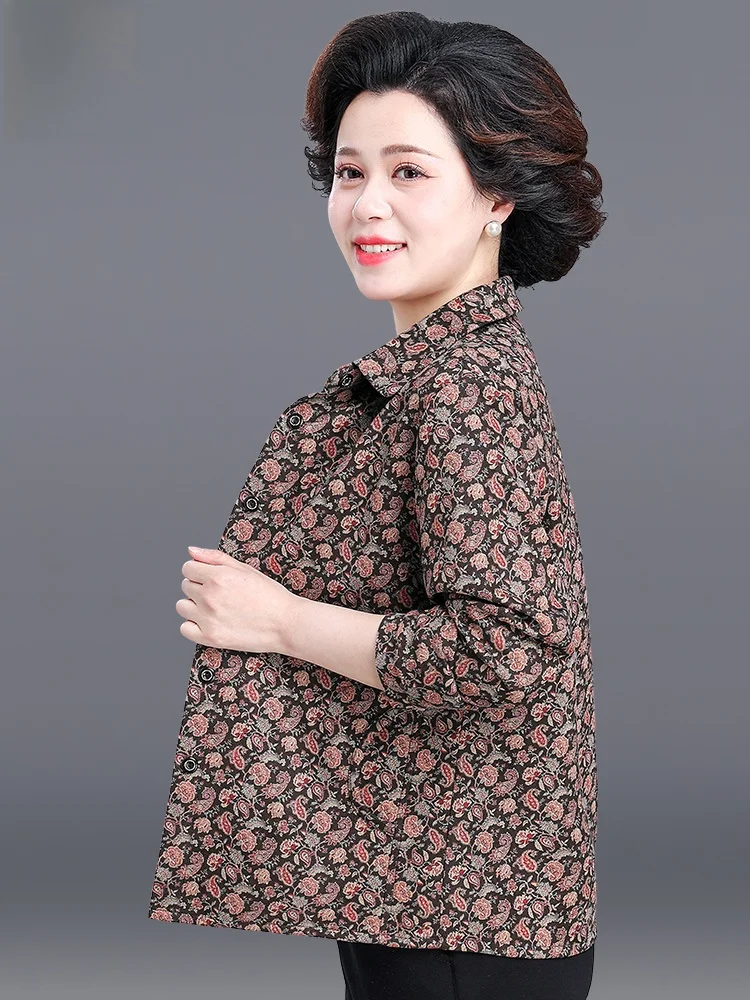 

Rn Faion Floral Print ort Jaet Spring Autumn Collar irt for Middle-Aged Women Casual Comfortable Polyester