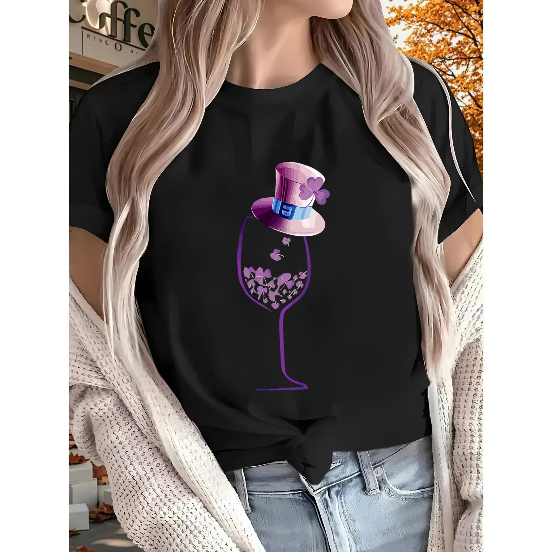 

Purple Wine Glass Tee with Hat and Heart Clovers – Cute Women’s St. Patrick’s Day Shirt, Spring Wine Party Top