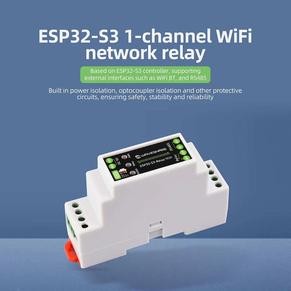 1 Way RS485 Relay Module with ESP32-S3 Dual-Core MCU WiFi Bluetooth Multiple Isolation Protection DIN-Rail Shell With Antenna