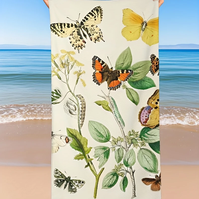 قطعة واحدة من ملاءة حمام كبيرة جدًا مقاس 28 × 56 بوصة - رسم توضيحي للفراشات والزهور العتيقة، بوليستر، سريع الجفاف فائق الامتصاص،