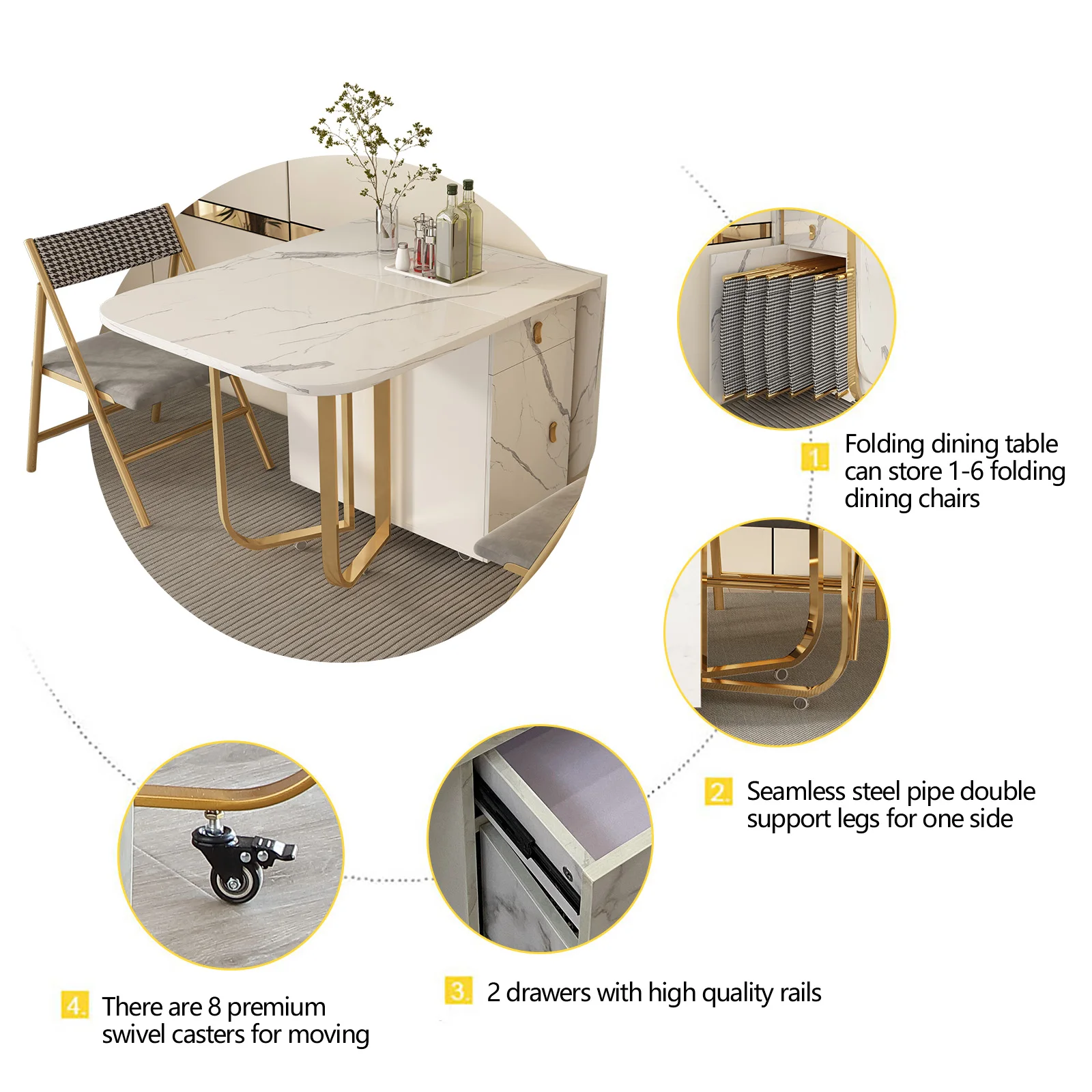 Folding Dining Table with Storage Rack and 2 Drawers with 4 Support Legs, Foldable Kitchen Table Extendable Versatile Table