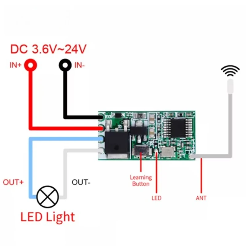 433mhz Mini Remote Switch Wireless Wide Voltage DC 3.6V-24V Decoding Receiver Module 1CH Output Learning Button and Transmitter