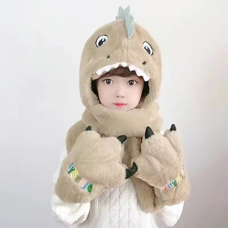 Children\'s Winter Hat Cartoon Dinosaur Plush Scarf Hat Scarf Scarf One Winter Thickened Warm Scarf Boys Girls Earmuffs Hat