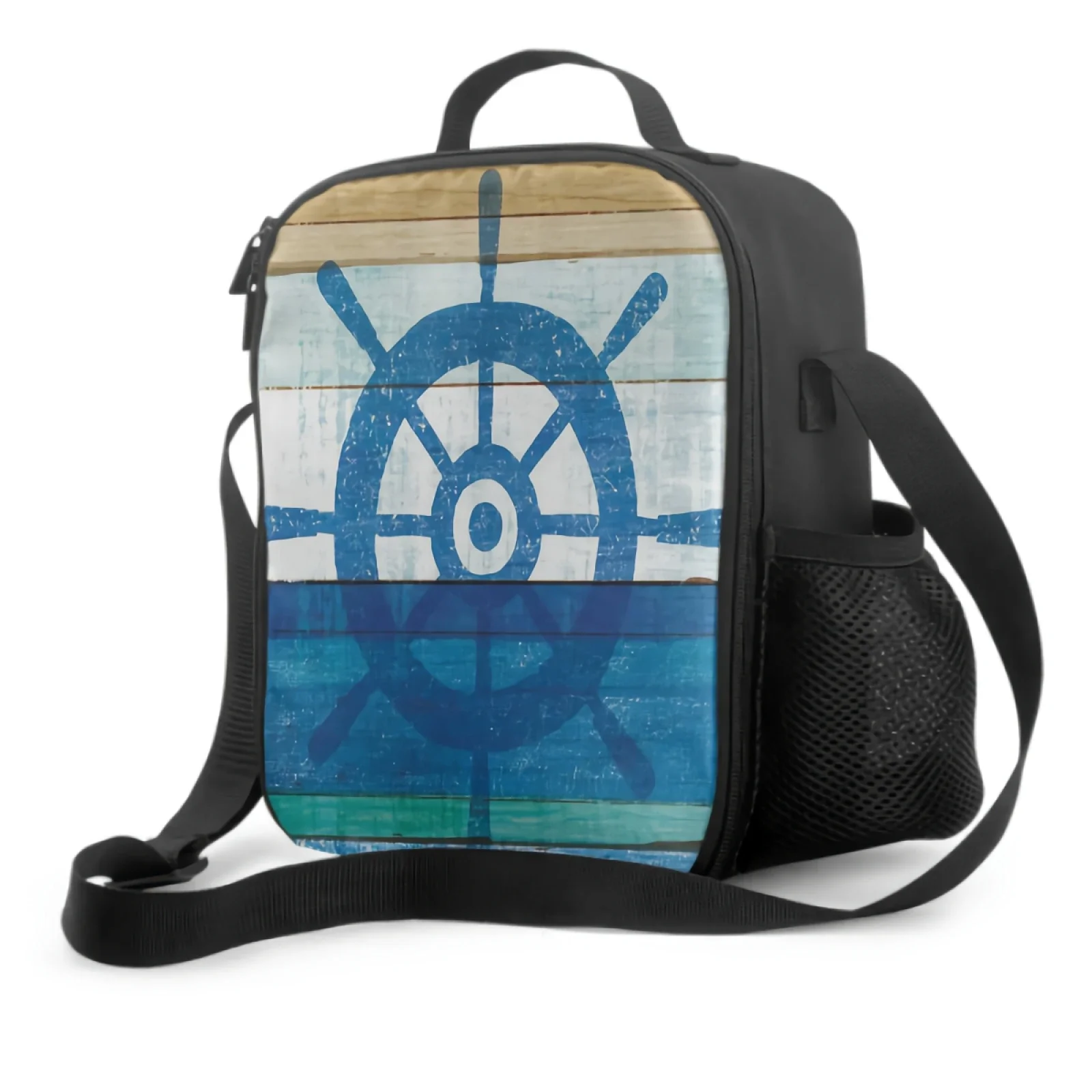 

Summer Sailor Rudder Helm Print Insulated Lunch Bag for Adults Kids Washable Tote Crossbody Lunch Container for School Travel