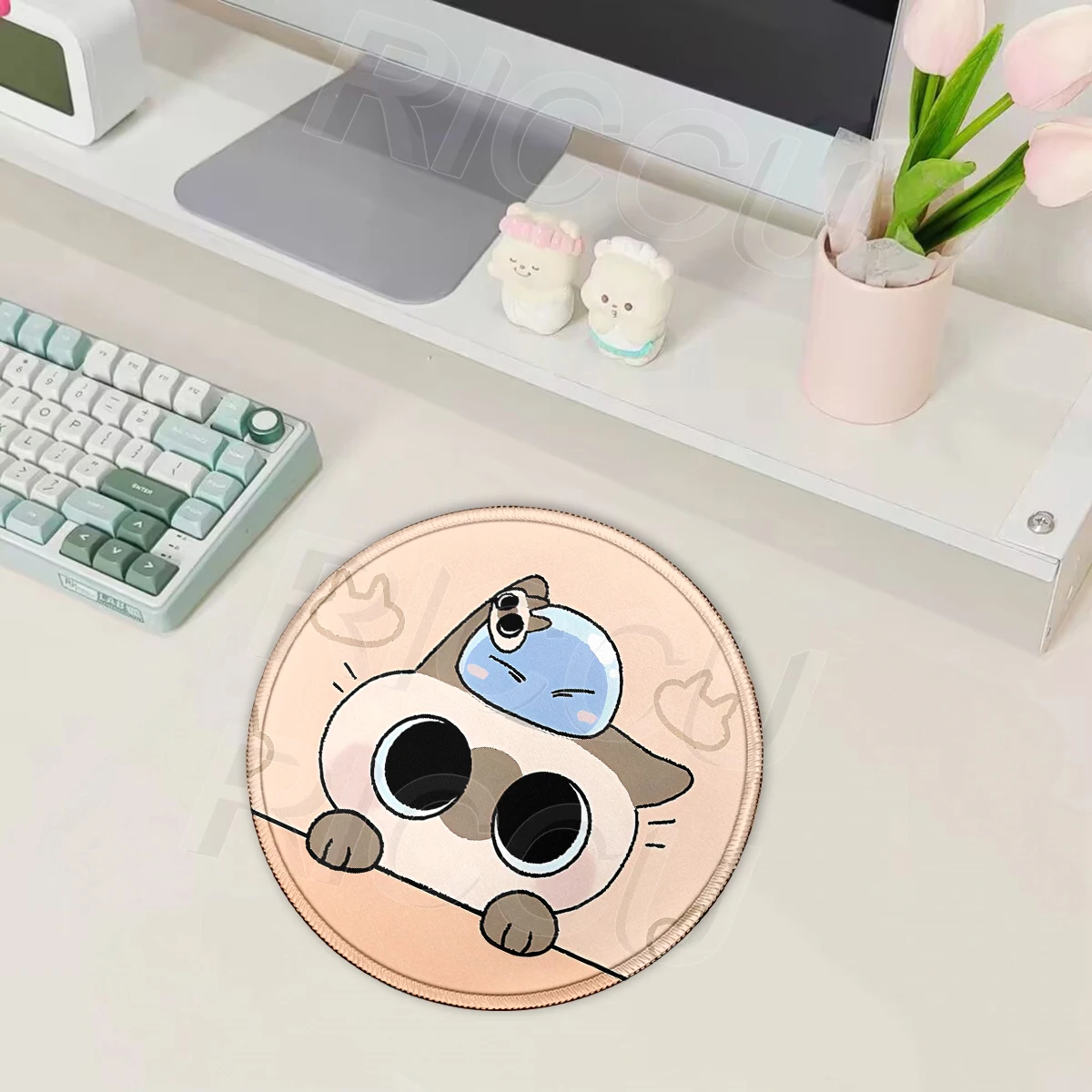 Cute Cat Mouse Pad Siamese Cats Round Minimalism Office Mouse Pad Keyboard Rubber Nos-Slip Mousepad PC Accessories Laptop Carpet