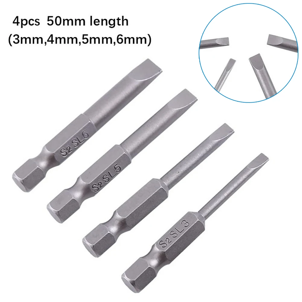 4Pcs 50mm Slotted Screwdriver Bits Flat Head 1/4in Hex Shank Alloy Steel For Drill Driver Air Tools And Handheld Screwdrivers