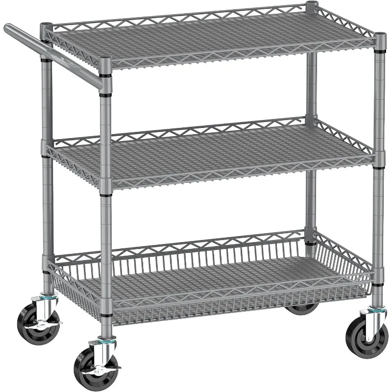 

3 Tier Rolling Cart Heavy Duty, Utility Cart with Wheels Commercial Grade Wire Kitchen Storage Trolley Metal Cart Organizer with