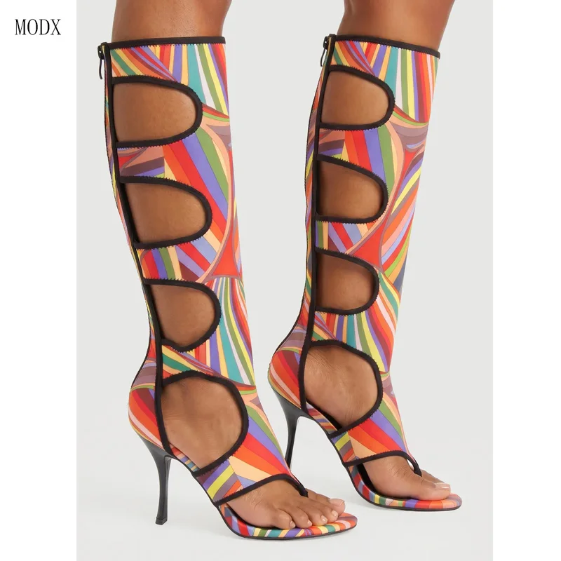 2026 Women's  Knee High Gladiator Sandal Boots Stiletto Heel Sexy Summer Beach Dress Women Shoes Leather Mixed Color 44