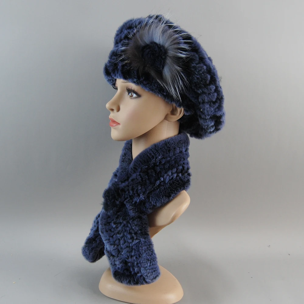 Gorros de piel de conejo Rex para mujer, bufandas 2024 de punto genuino, conjuntos de bufandas, gorro de piel Real cálido, silenciador, novedad de