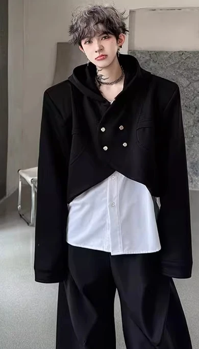 2025 Autumn New Contrast Color Hooded Jackets Men Faux Two-Piece Design Trendy Tops Male Handsome Long Sleeve Fashion Chic Coats