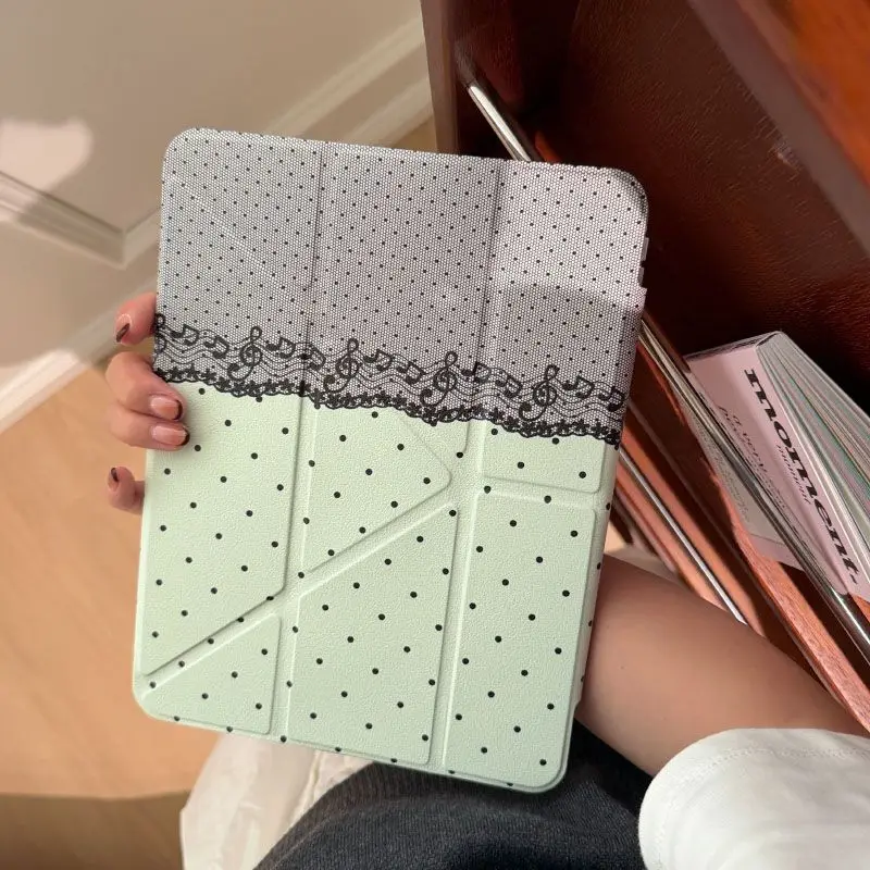 capa-para-ipad-10-9-8-7-air-5-4-3-2-pro-11-mini-verde-menta-renda-preta-bolinhas-estilo-ins-dobravel-em-tres-partes-adesiva-alta-transparencia