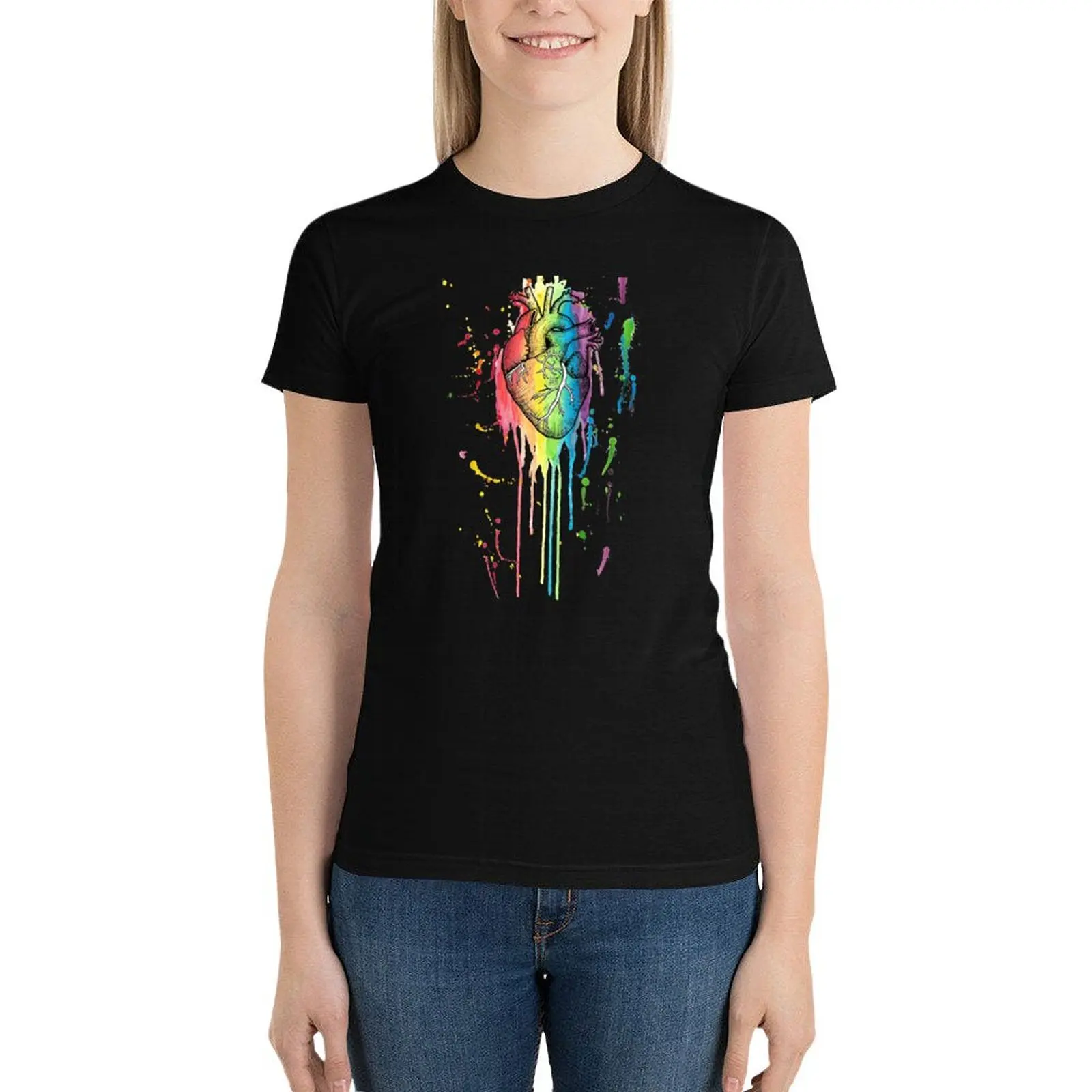 

Watercolour and Pen Rainbow Anatomical Heart T-Shirt animal print shirt for girls anime clothes ariat shirts for Women
