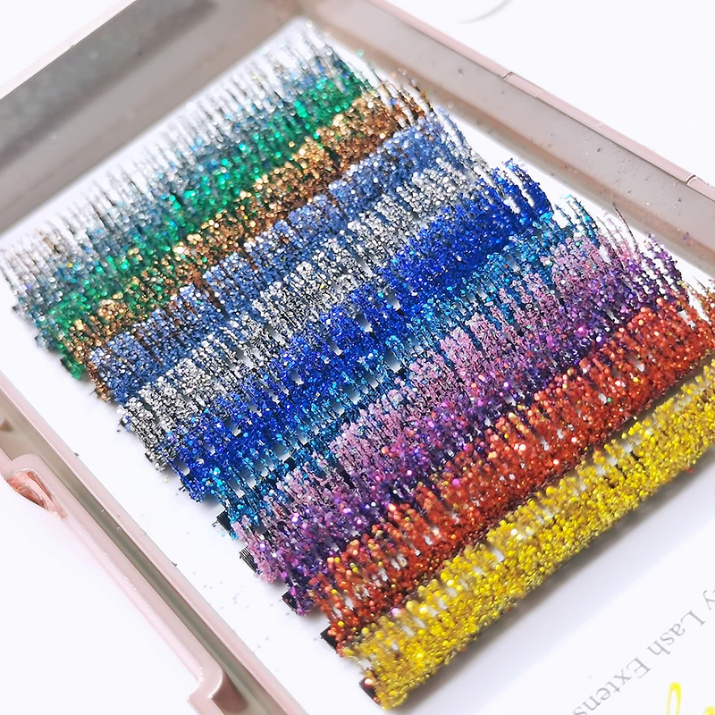 Cores misturadas Glitter Extensões de Cílios, Cílios Falsos Coloridos Brilhantes, Falso Volume Russo, Cílios Individuais para Suprimentos de