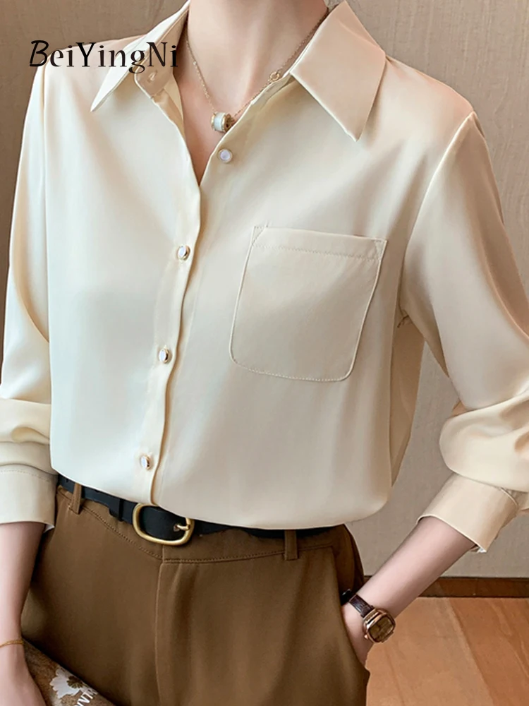 Beiyingni Spring New Fashion Shirts Women Casual Silk Satin Elegant Office Ladies Blusas Pocket Single-breasted Khaki Tops 2024