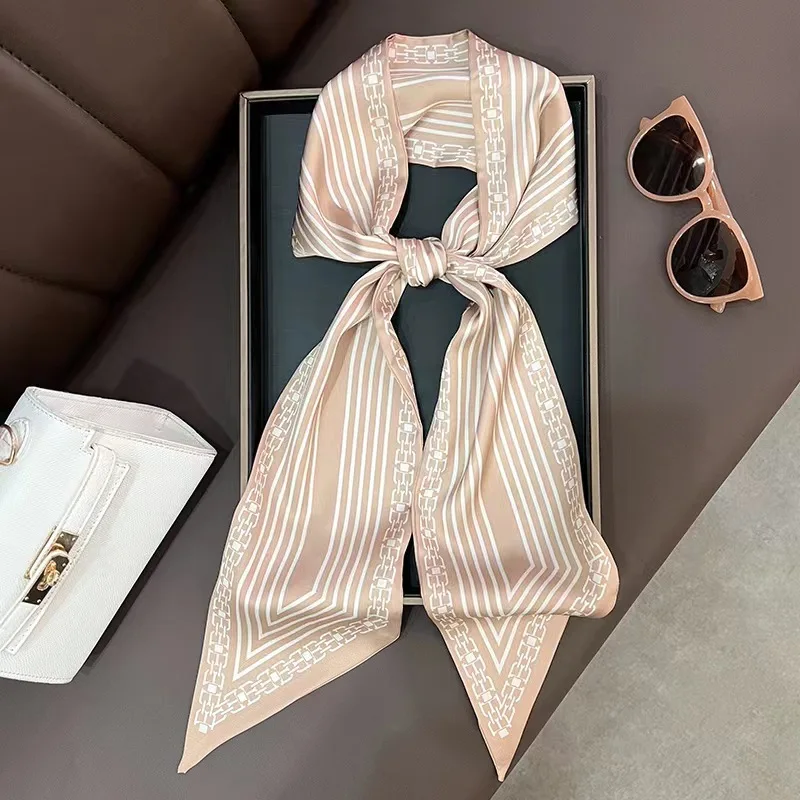 

Luxury Chain Print Hair Ribbon Scarf Women Neck Tie Bag Scarfs Satin Silk Skinny Headscarves Ladies Foulard Floral Bands