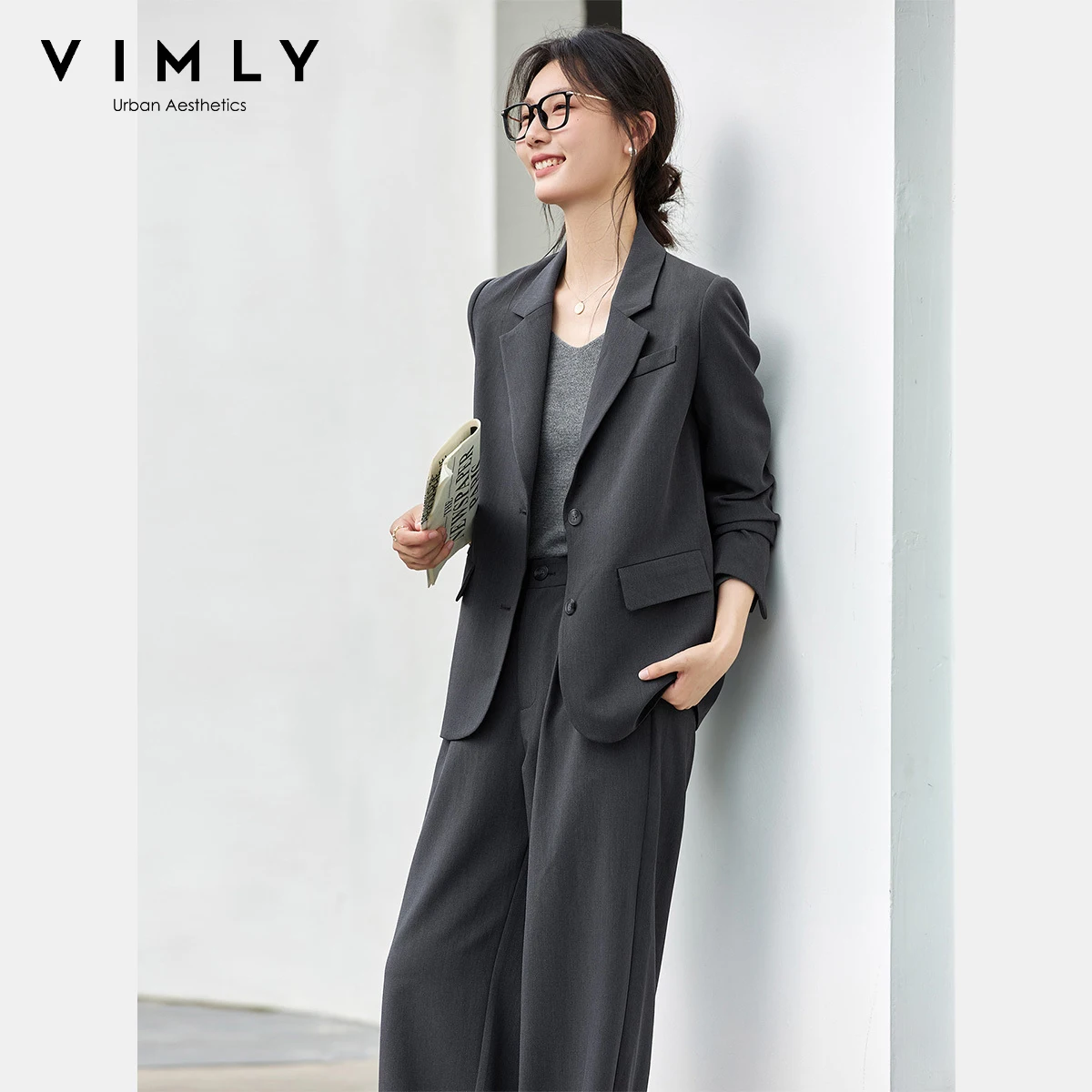 

VIMLY Women Office Work Wear Pant Suits 2024 Fall Cummute Outfits Lapel Collar Tops Straight Pants Lady Blazer 2 Piece Set A2208