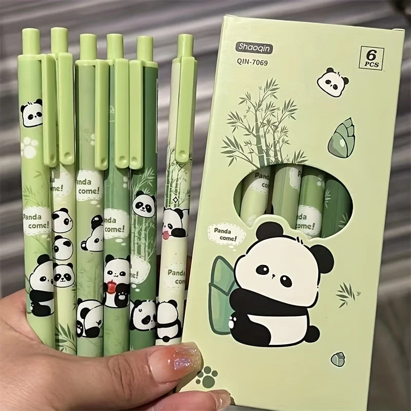 6-Pack Retractable Panda Gel Pens, 0.5mm Fine Point Black Ink, Quick-Dry Smooth Writing Pens for Office & School, Suitable for A