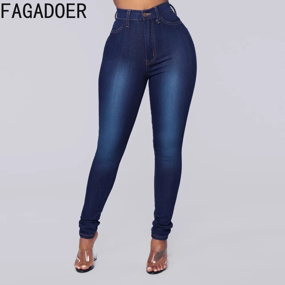 FAGADOER Blue Fashion High Elastic Skinny Jean Pencil Pants Women High Waisted Button Pocket Denim Denim Trousers Female Bottoms