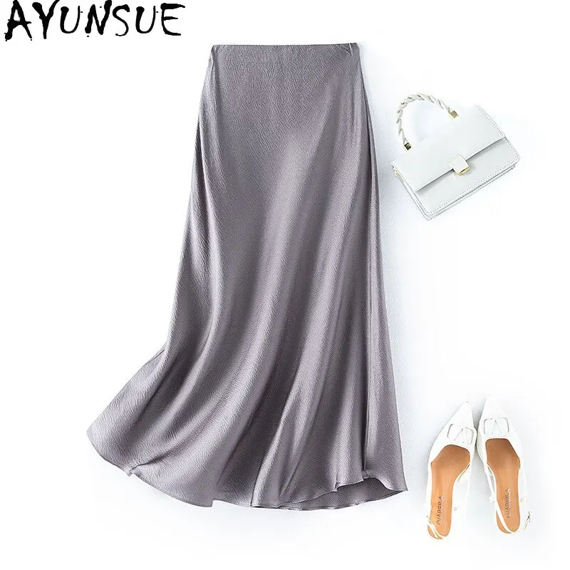 

AYUNSUE 100% шелковые женские юбки, элегантные атласные юбки с жемчужным декором для женщин, юбка средней длины с высокой талией, женская одежда