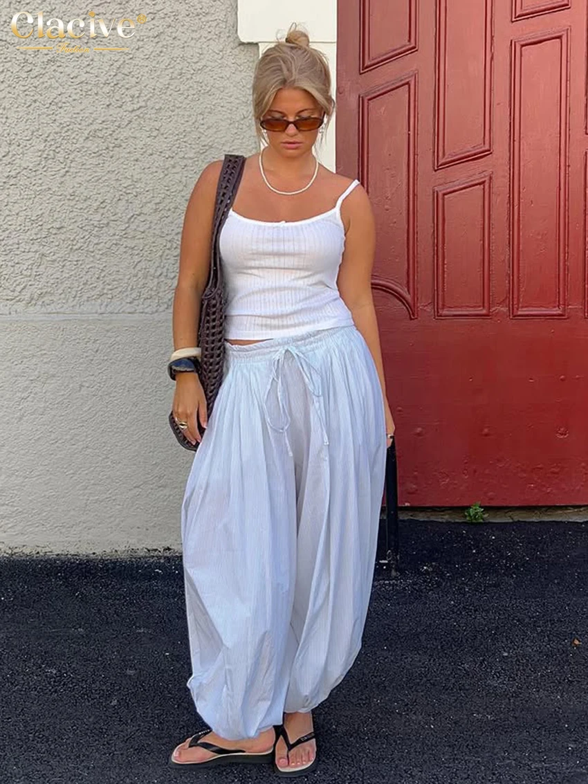 Clacive Fashion Loose Blue Women's Pants 2025 Casual High Waist Wide Trousers Elegant Classic Solid Pants Female Clothing