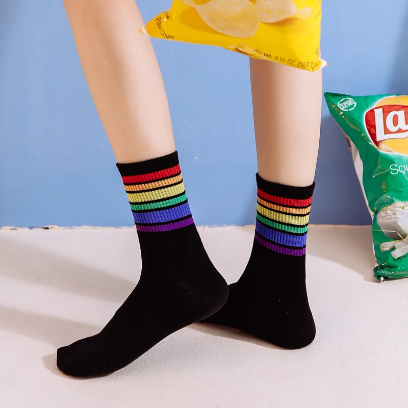 Instime Unisex Stripes Mid Men Socks Harajuku Colorful Funny Socks Men 1 Pair Kawaii Rainbow Color Size 35-42