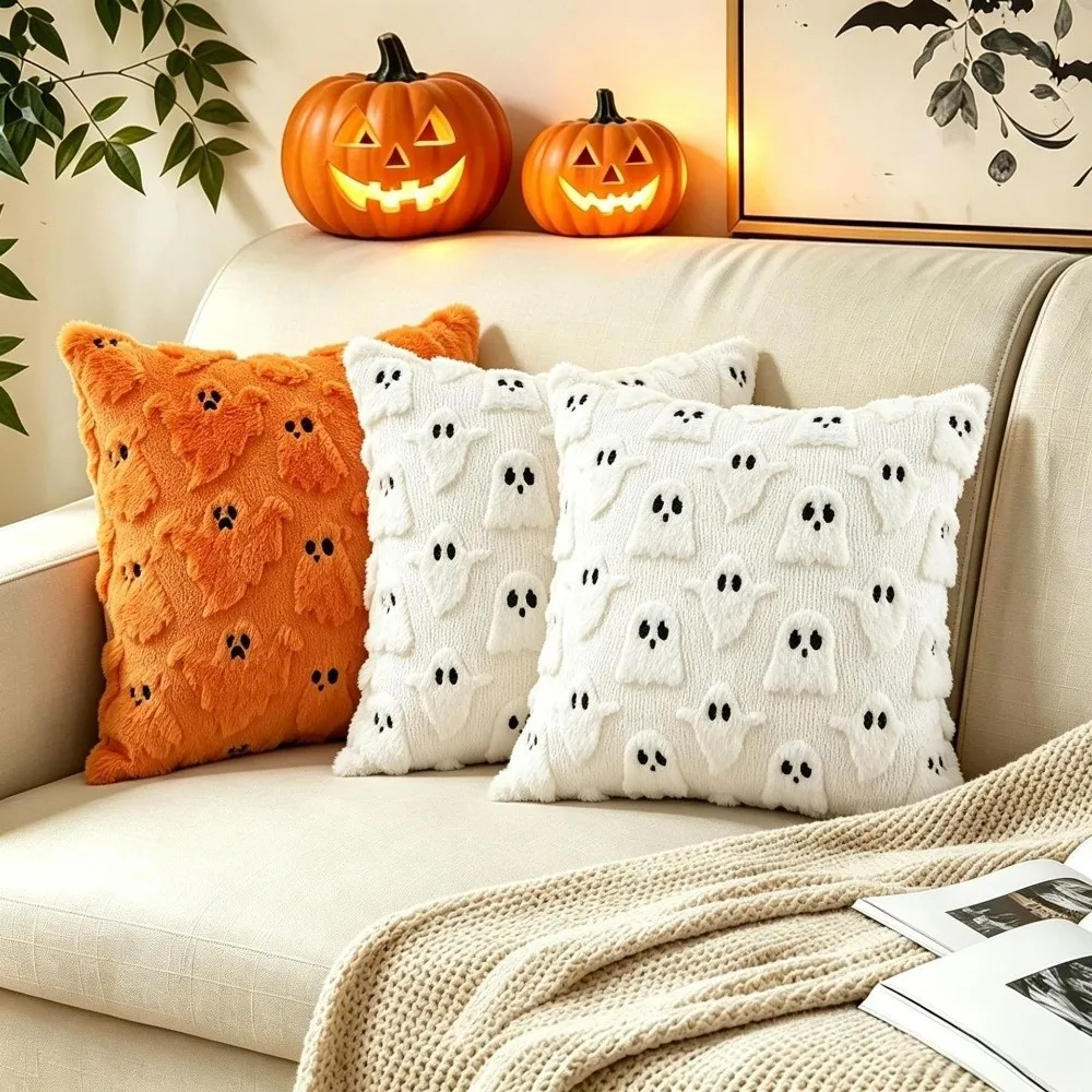 Soft Halloween Throw Pillow Cover Square Ghost Black Bat Decorative Pillowcase Washable 45X45CM Pillow Case Holiday Decor