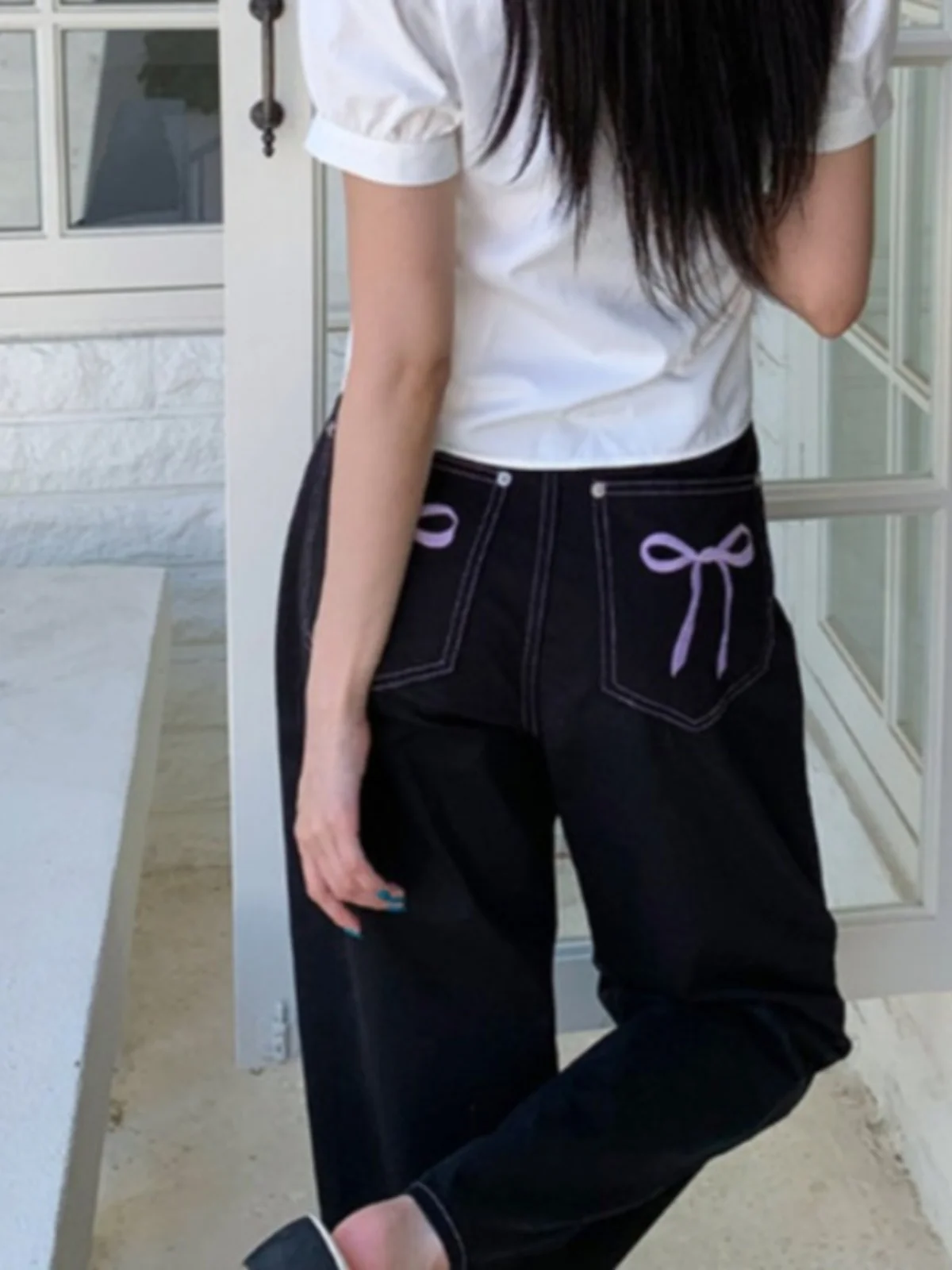 

Korean Sle Casual Loose Straight Leg Jeans Women's New Knot Embroidery Long Trousers Ele Design