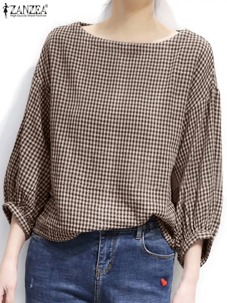 Vintage Plaid Checked Blouse ZANZEA Autumn Women Tops Casual O Neck 3/4 Sleeve Baggy Shirt Female Elegant OL Work Blusas 2024