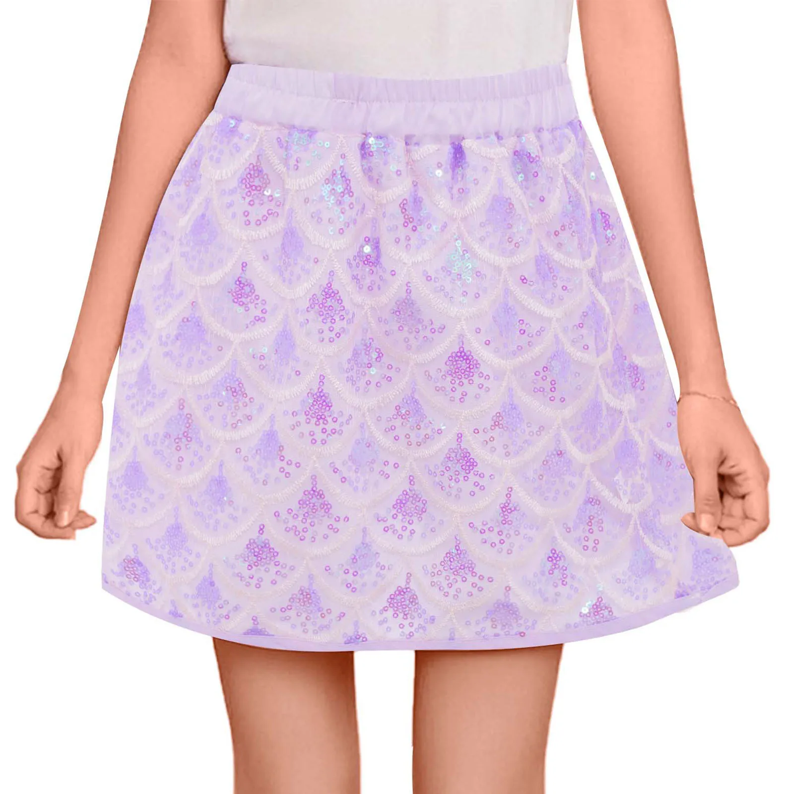 

Kids Girls Shiny Sequins Fish Scale Skirts Halloween Mermaid Role Play Costume Elastic Waist A-line Skirt with Built-in Shorts