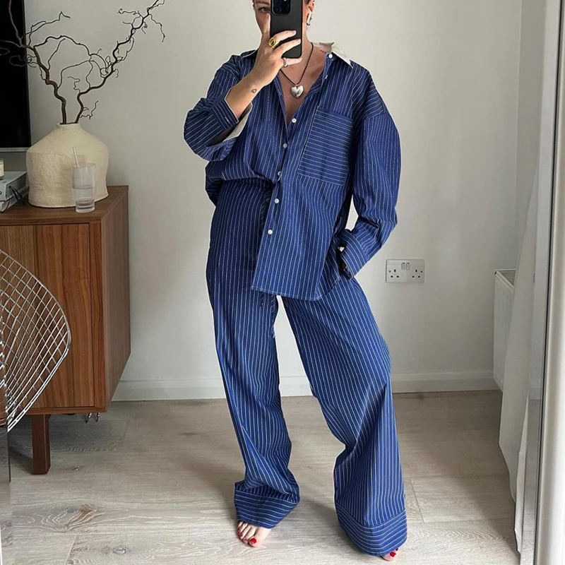 Casual Stripe Print Blue 2 Piece Sets Women Outfit Elegant Long Sleeve Pockets Blouses And High Waist Straight Trousers Sets