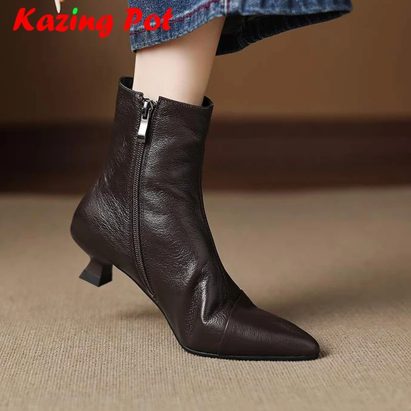Krazing Pot Sheepskin Pointed Toe Low Heels Modern Chelsea Boots Warm Winter Shoes Pleated Decorations Office Lady Ankle Boots