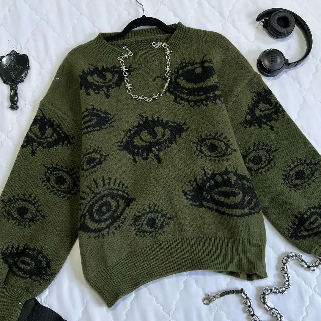 Gothic Punk Oversized Eye Pattern Sweaters for Men and Women Autumn and Winter Thickened Sweatshirts Knitted Sweater Streetwear