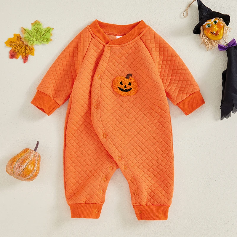 Infant Baby Boy Girl Halloween Romper Ghost Embroidery Long Sleeve Full Length Jumpsuit for Fall Newborn Clothes