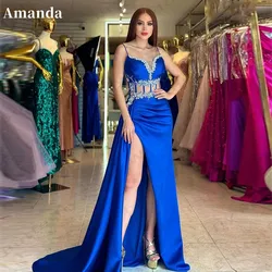 Amanda Gorgeous Sequin On Chest Vestido De Novia Sexy Spaghetti Strap Mermaid Prom Dress Satin Blue Evening Dresses