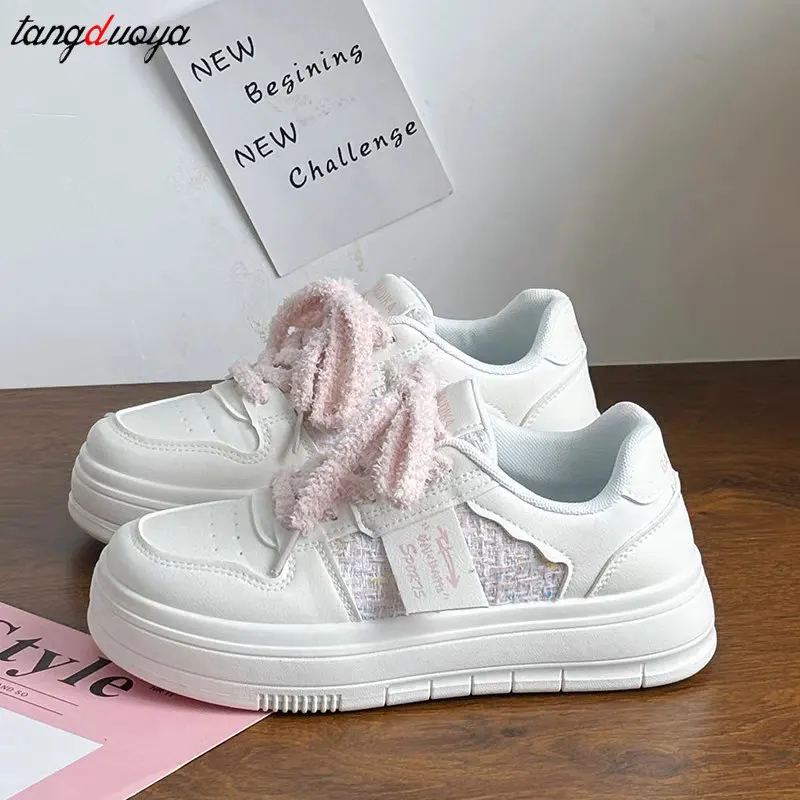 2024 New Style white pink Cute Women\'s Shoes Platform sneakers Versatile Kawaii Women Shoes Women Harajuku Casual Vulcanize Shoe