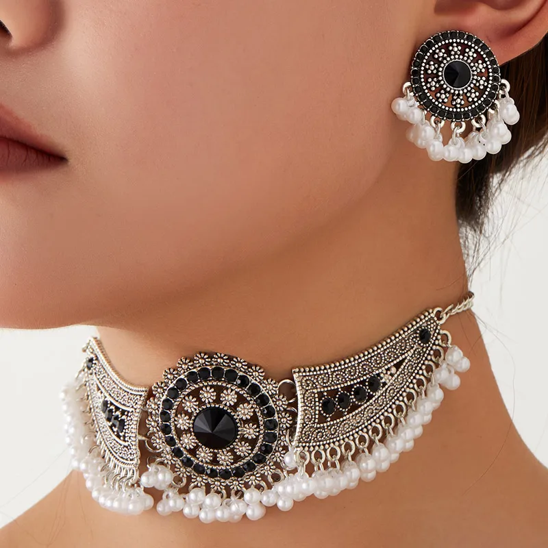 Vintage Jewelry Set Rhinestone Choker Necklaces Earrings For Women Simulated Pearl Beads Tassel Wings Shaped Jewelry Sets view 6