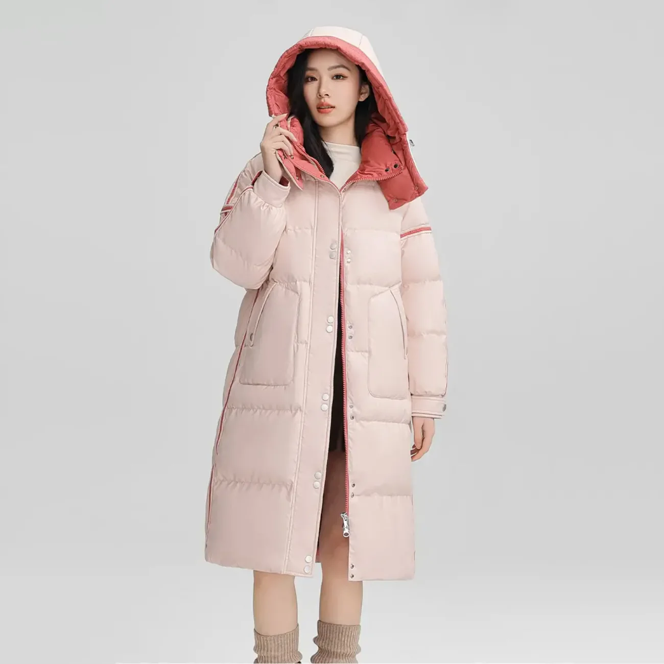 Long Down Jacket Women's Coat 2025 New Winter Contrast Color Stitching Hooded White Duck Down Jacket Casual Thicke Warm Parka