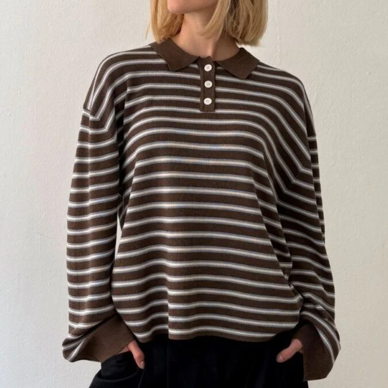 Y2k خمر الضلع محبوك مخطط الياقات سترة فضفاضة طويلة الأكمام البلوز متماسكة القمم عادية الشتاء الخريف 2025 البلوز الملابس #6