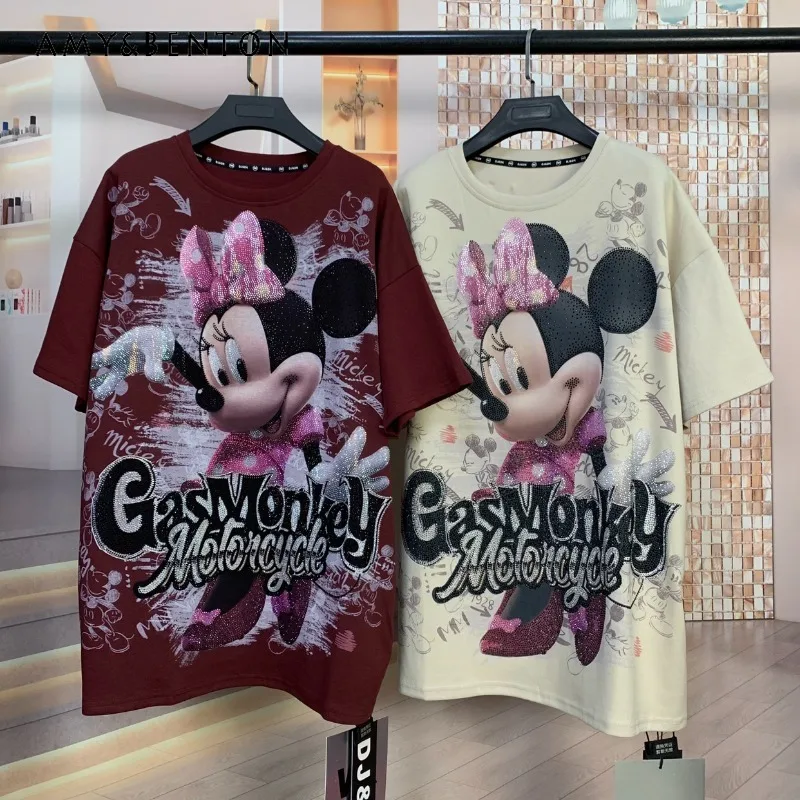 

Beautiful Design Top Tees Heavy Embroidery Full Rhinestone Letter Cartoon Sweet Youthful Loose Short Sleeved T-shirts For Women
