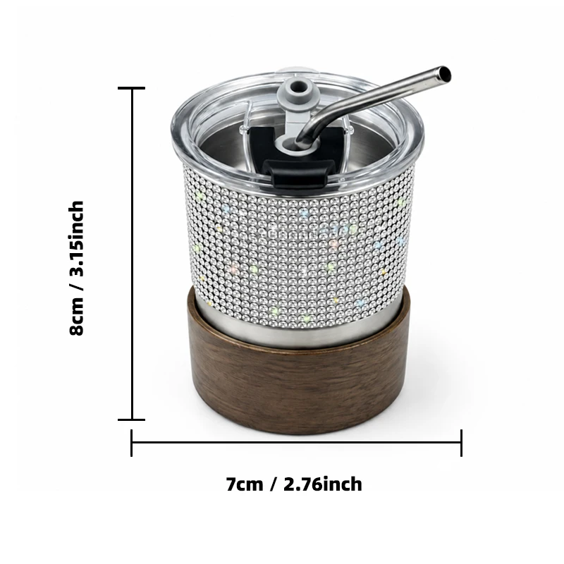 Diamond-Embellished Flip-Top Straw Water Cup, Light Luxury Full-Diamond Wooden Base Travel Cup, Leak-Proof with Metal Straw, High Quality