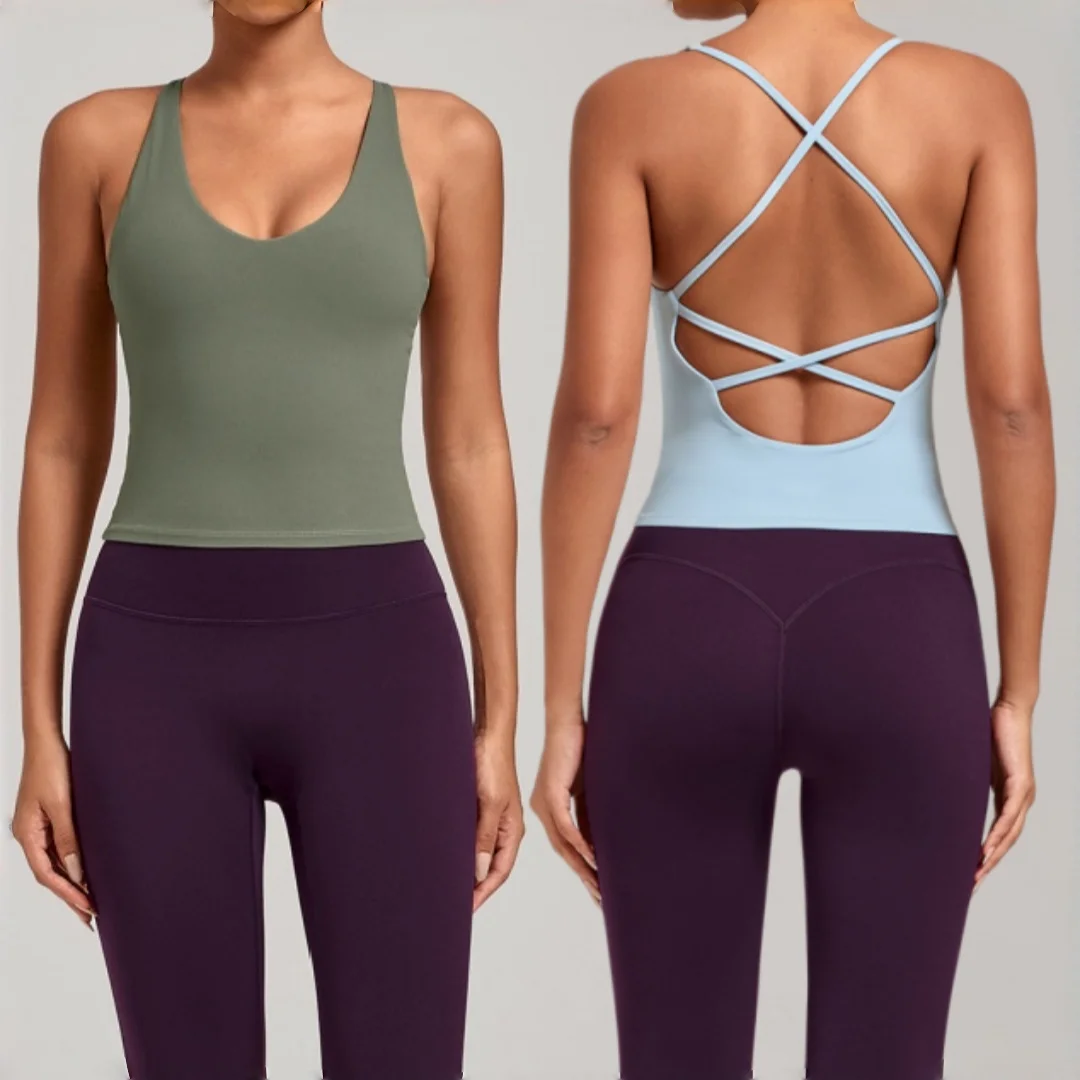 

New Women's Yoga Vest Crossed Strap Skinny Halter Yoga Vest Fitness Pilates Running Casual Workout Gym Sports Top