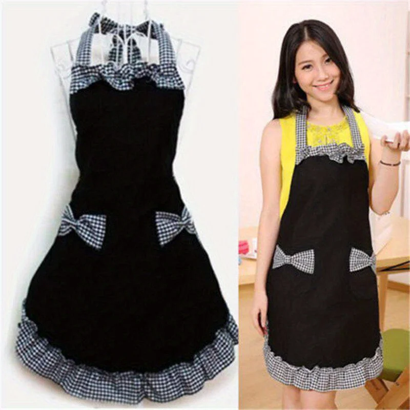 Cute Bib Apron Dress Flirty Vintage Kitchen Women Bowknot with Pocket Restaurant Kitchen Apron Dress