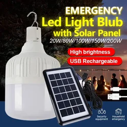 USB Rechargeable LED Emergency Lights with Solar Panel Outdoor Portable Lanterns Hanging Camping Energy Saving Bulb Garden Tent