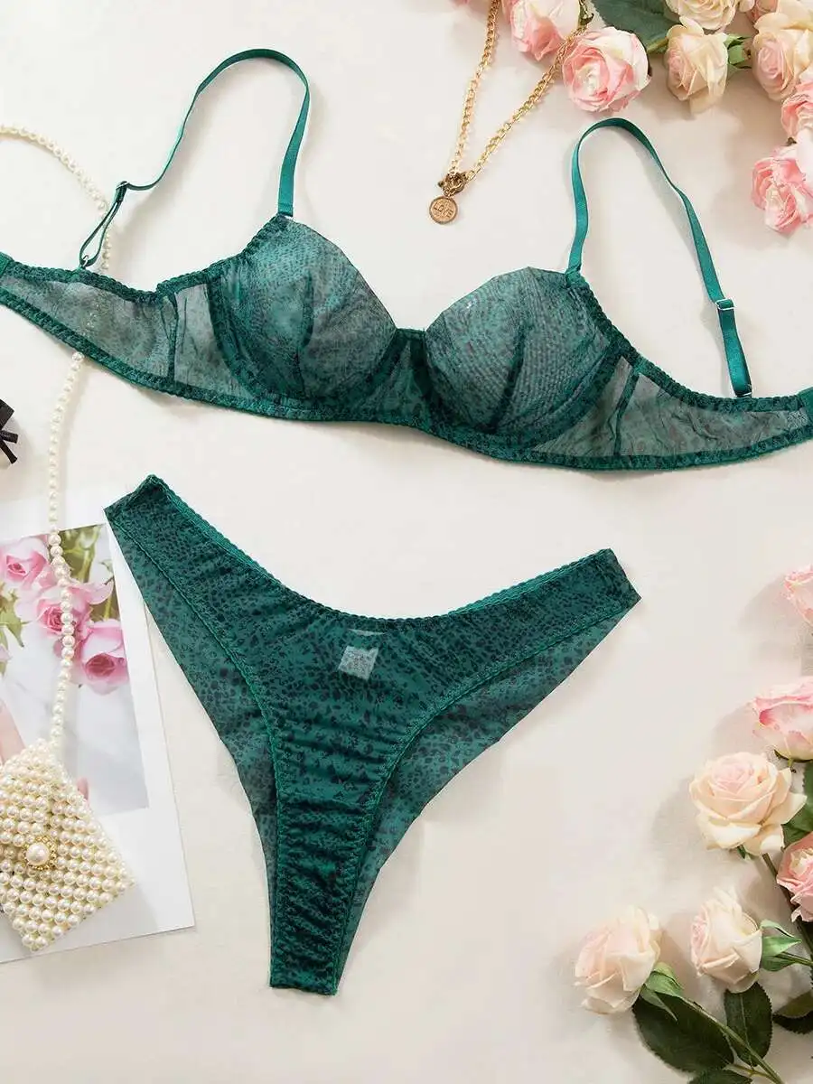 ขายร้อนใหม่สีเขียวเสือดาวพิมพ์บิกินี่เซ็กซี่บางถ้วย Underwire บิกินี่ผู้หญิง Charming Pure Desire Casual SZYO