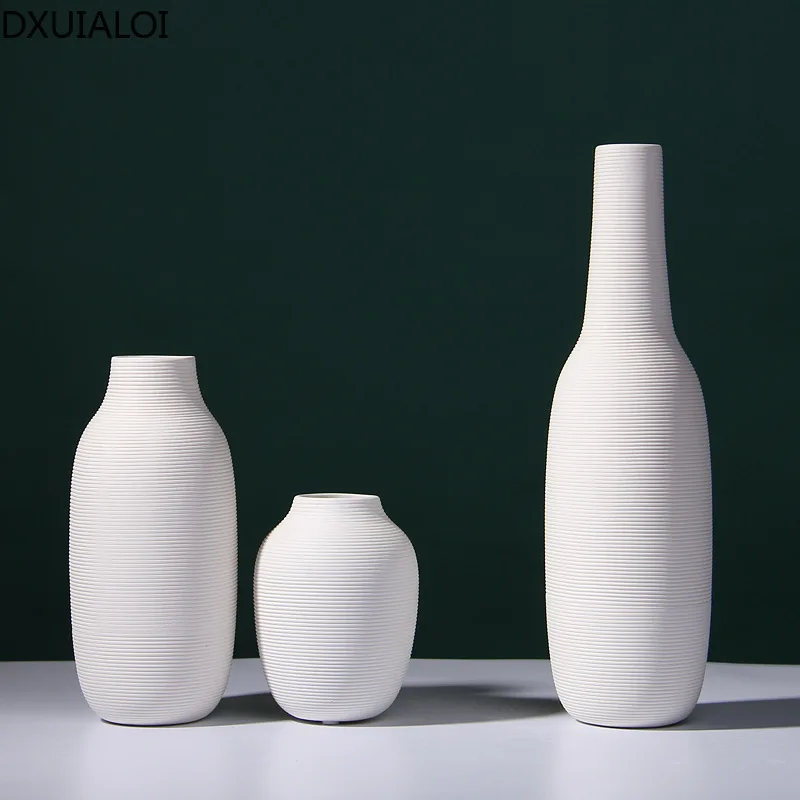 Home decoration simple Nordic style pure white thread biscuit ceramic vase dried flower flower arrangement home soft decoration
